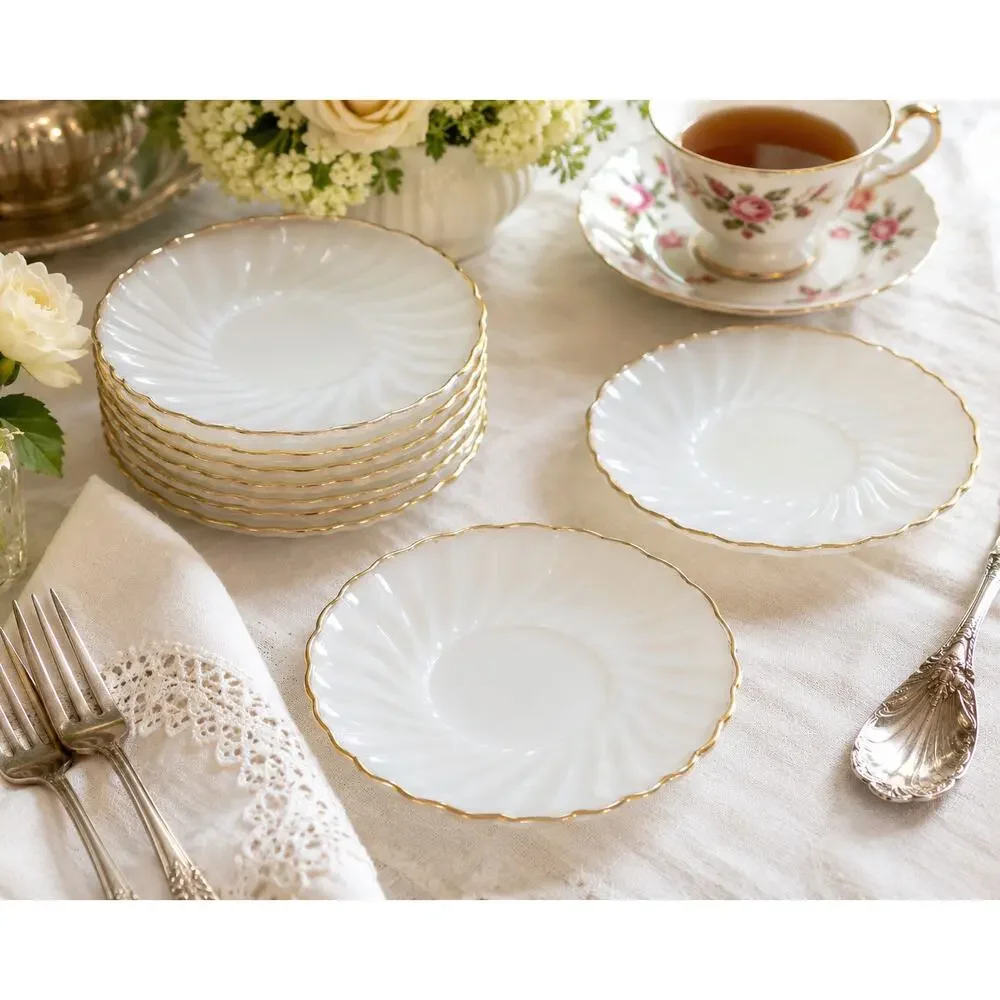 Vintage Anchor Hocking Suburbia Milk Glass Gold Trim Bread Dessert Plates Set 10